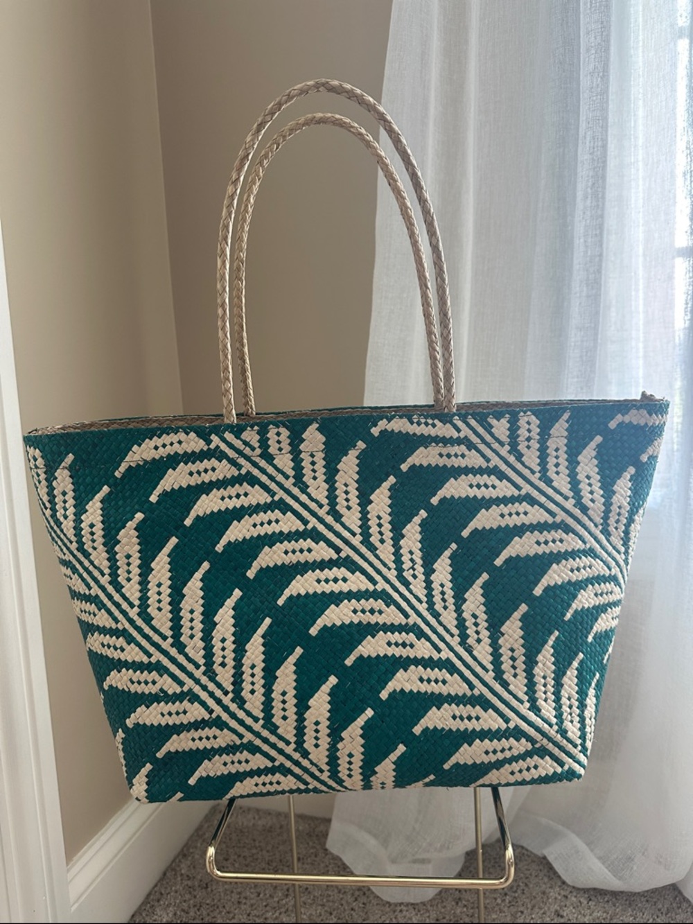 Woven Palm Leaf Tote Bag in Teal and Cream